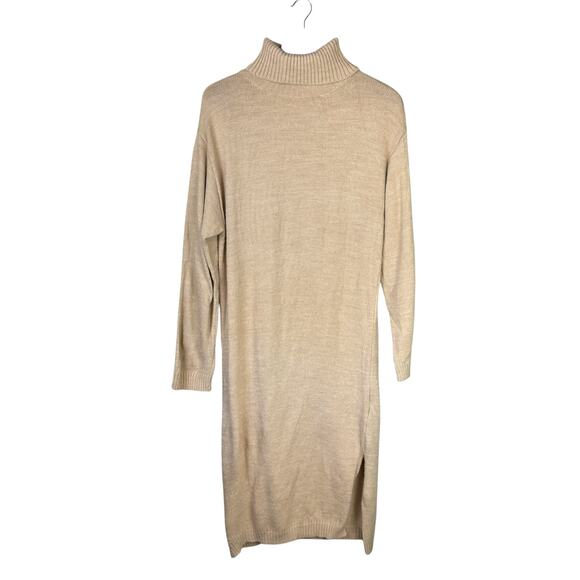 NA-KD Tan Knitted Oversized Long Sleeve Side Slit Turtleneck Midi Sweater Dress - Picture 9 of 12